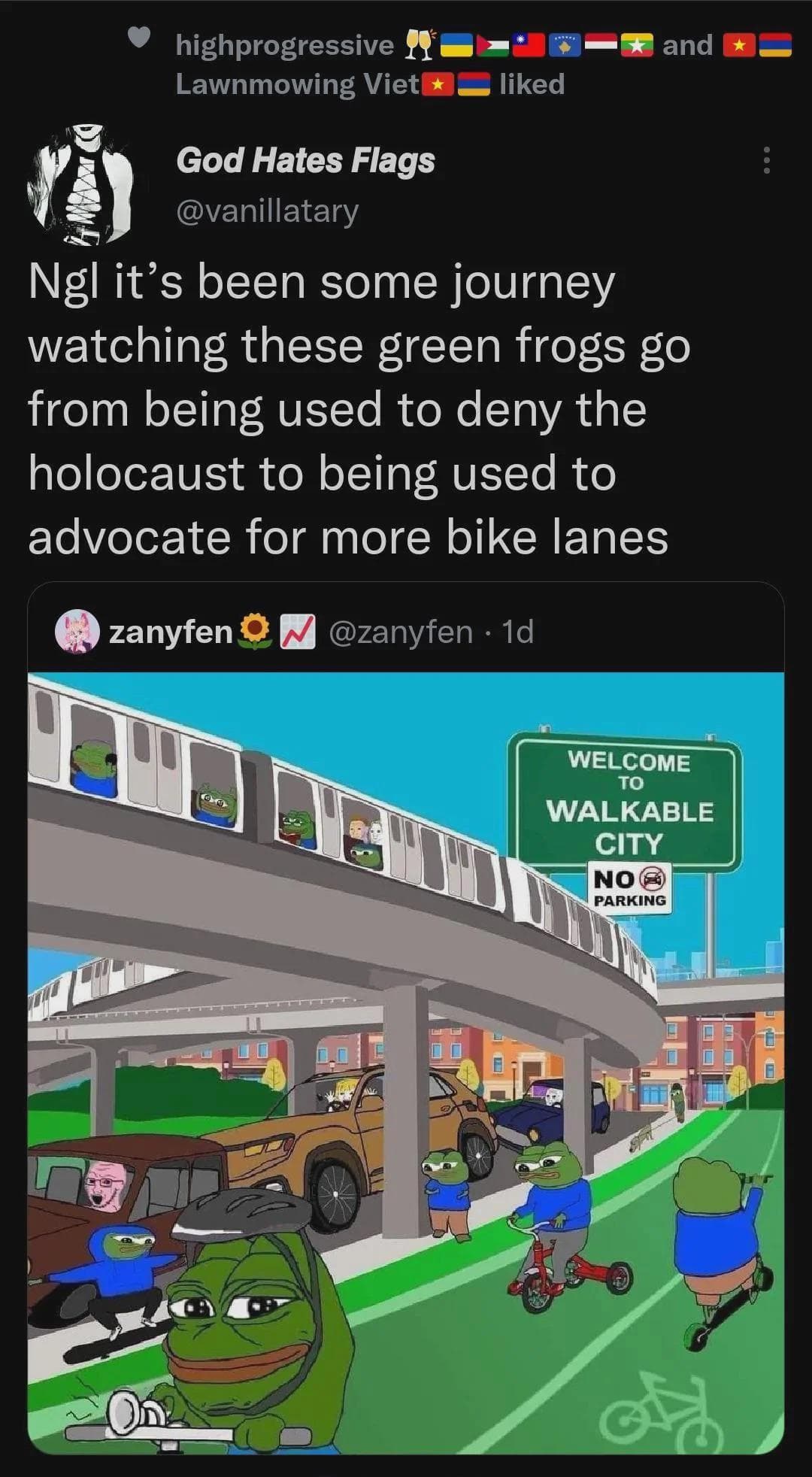 Ngl it's been some journey watching these green frogs go from being used to deny the holocaust to being used to advocate for more bike lanes